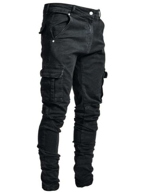 Black Big Side Pockets Stretch Cargo Jeans