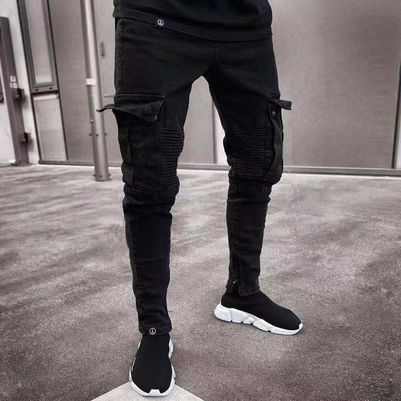 Black Big Side Pockets Stretch Cargo Jeans