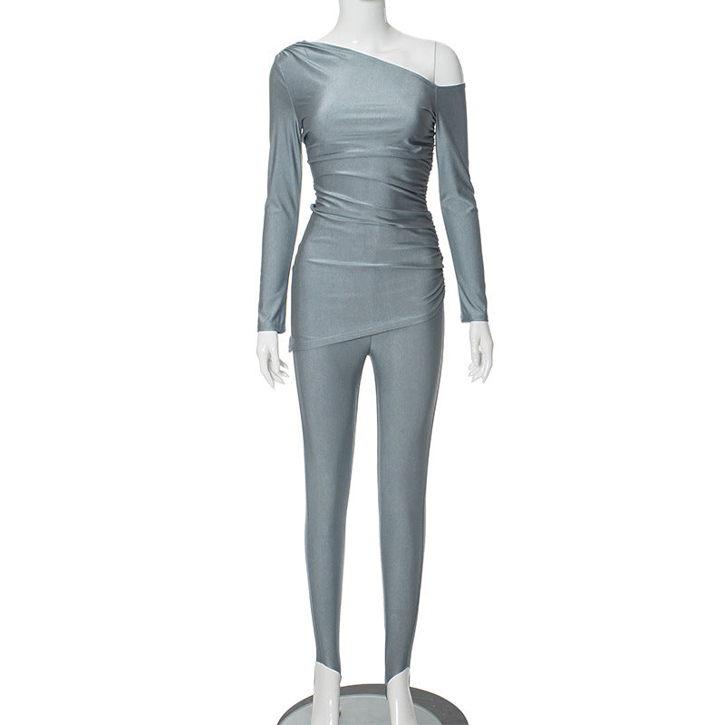 Solid Color One-shoulder Long Sleeve Tight Top Casual Trousers Suit