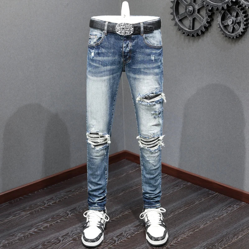 Street Fashion Men Retro Blue Stretch Skinny Ripped Denim Jeans
