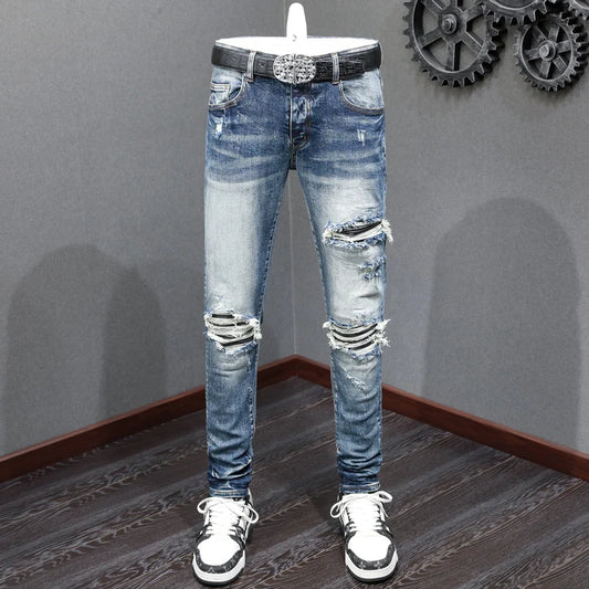 Street Fashion Men Retro Blue Stretch Skinny Ripped Denim Jeans