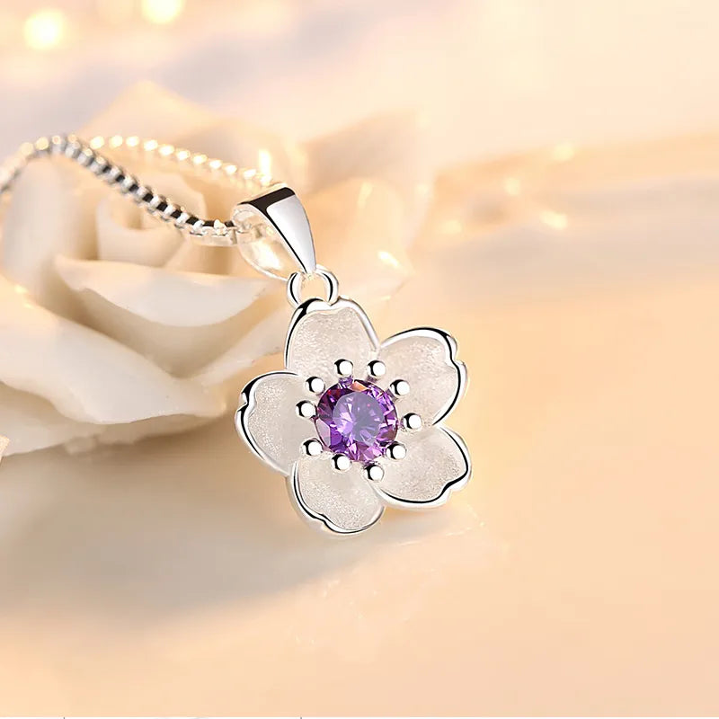 925 Sterling Silver Pink Purple Peach Blossom Necklaces