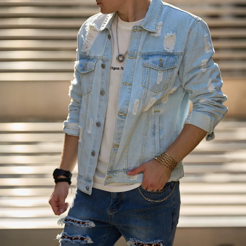New Men Holes Slim Denim Jacket