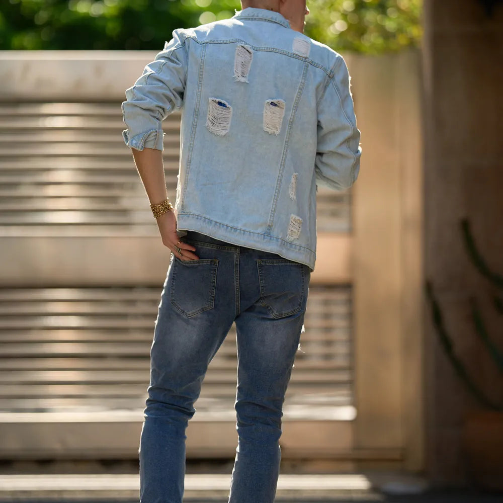 New Men Holes Slim Denim Jacket