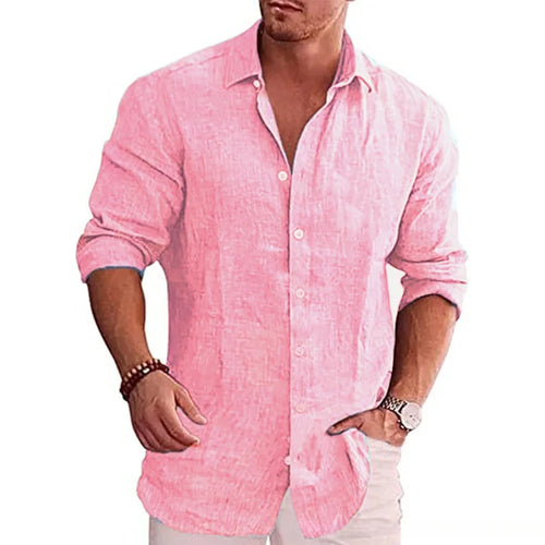 Cotton Linen Men's Long Sleeve Shirt Solid Color