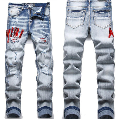 Hand Embroidered Men National Style Pattern Personality Cotton Jeans