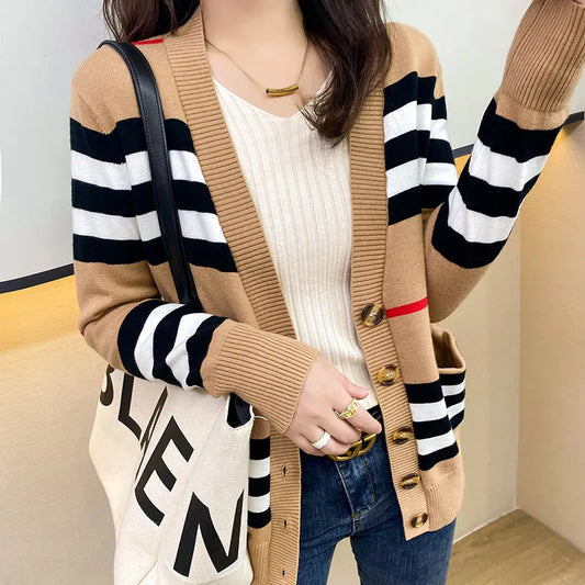 Plaid Cardigan Knitted Cashmere Sweater