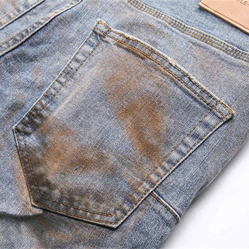 Mens Light Blue Straight Mid-Waist Stretch Slim Jeans