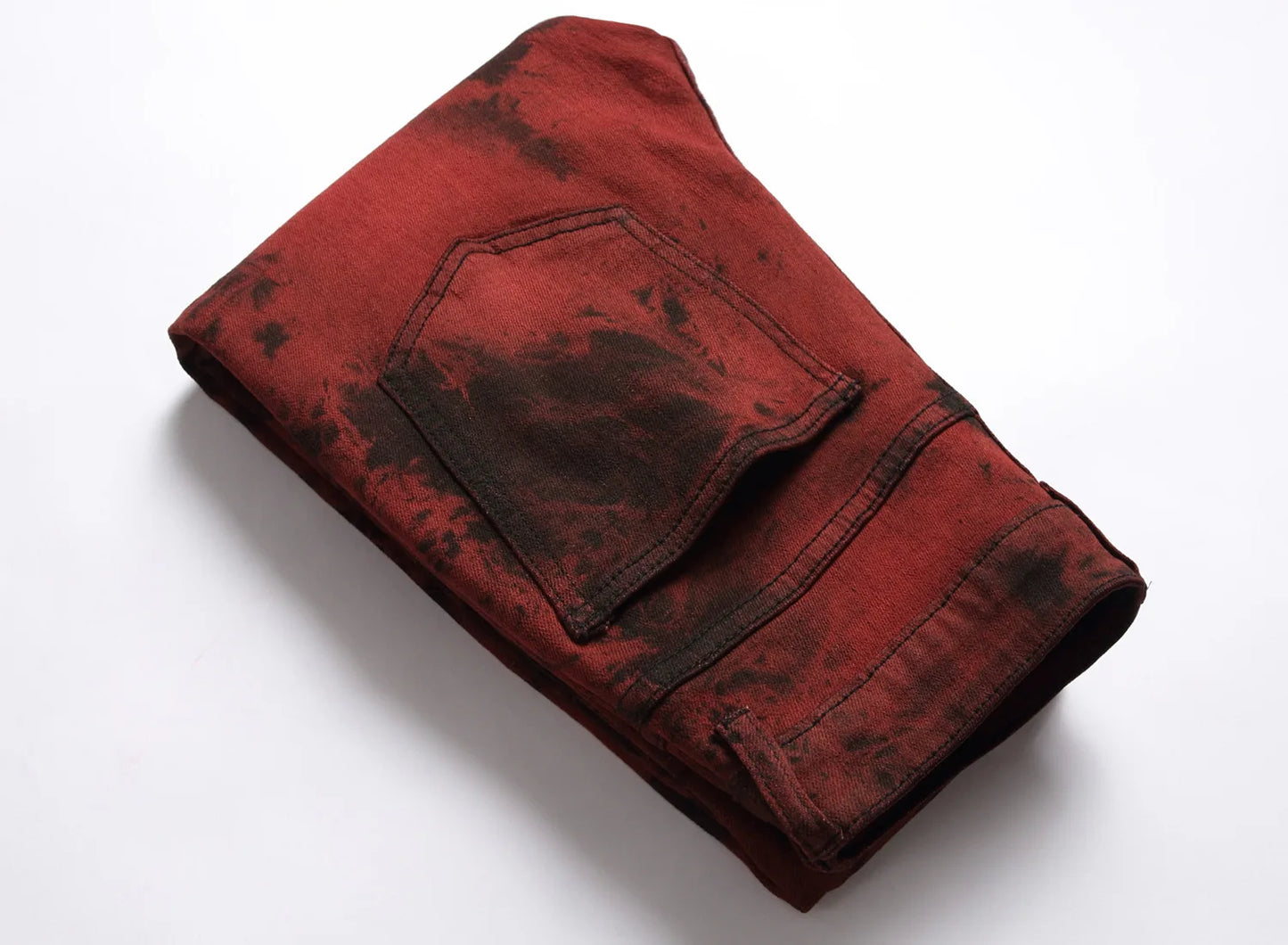 Brand Mens High Quality Slim Tie dye Snow Wash Brick Red Denim