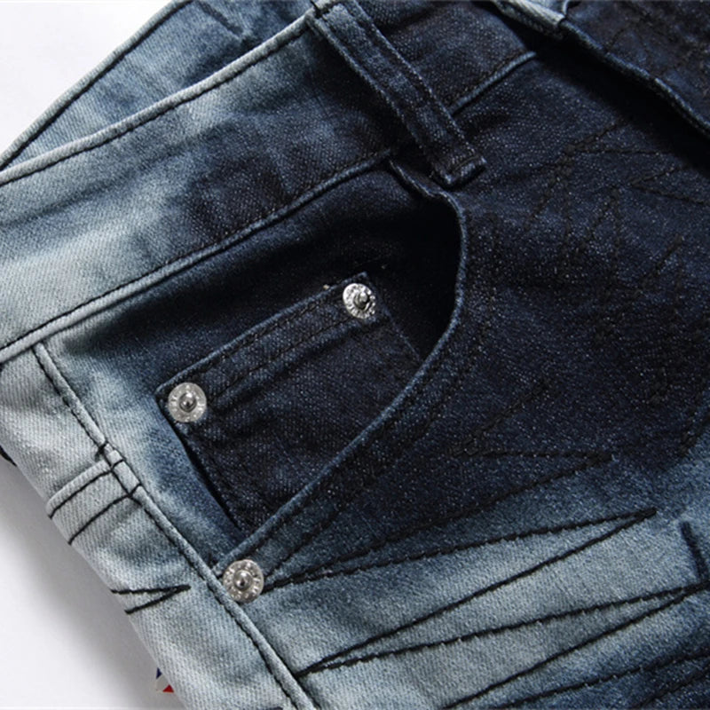 2024 New Embroidered Punk Style Men's Mid-Waist Ripped Jeans