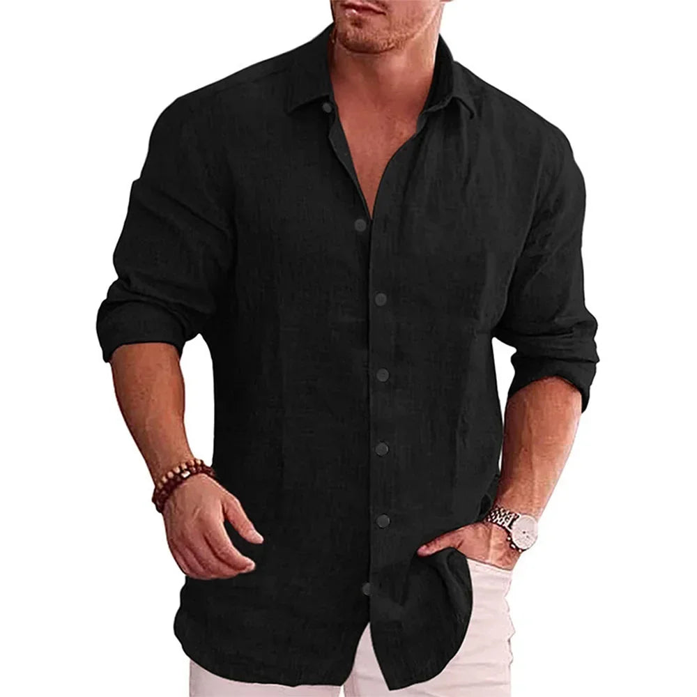 Cotton Linen Men's Long Sleeve Shirt Solid Color