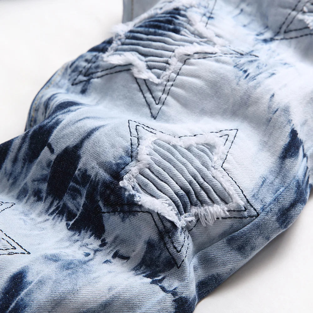 Men Pleated Stars Patch Tie and Dye Stretch Denim