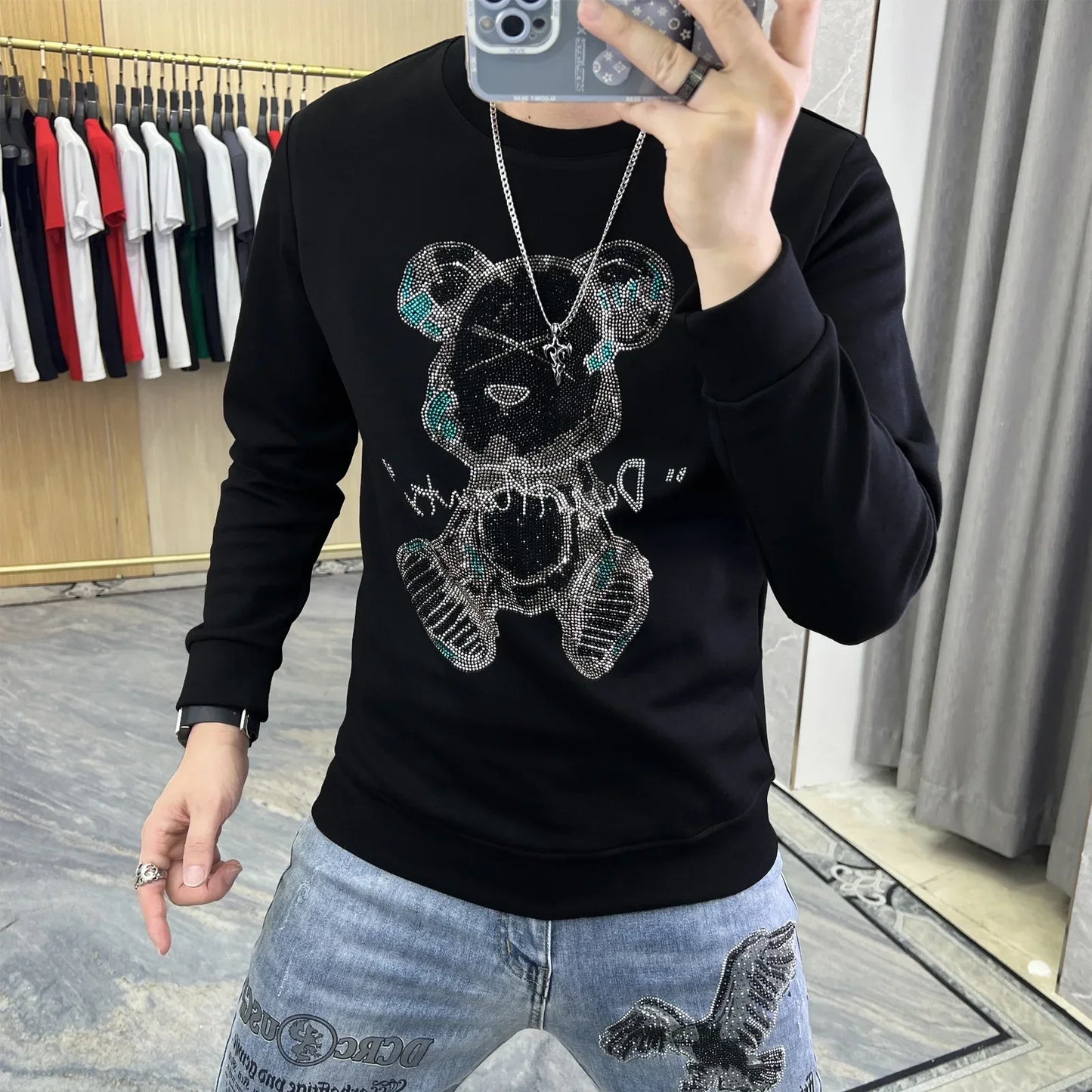2023 Mens Bear Rhinestones Sweatshirt Streetwear