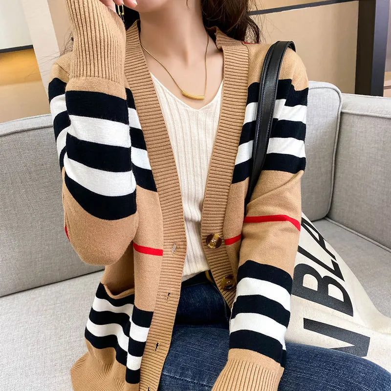 Plaid Cardigan Knitted Cashmere Sweater
