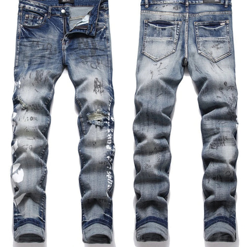 Hand Embroidered Men National Style Pattern Personality Cotton Jeans