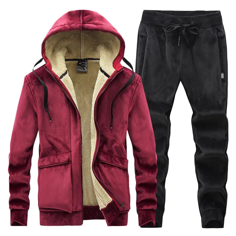 Male Thick Fleece Hooded Sport Zipper Tracksuit