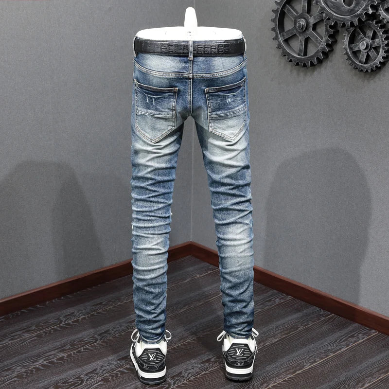 Street Fashion Men Retro Blue Stretch Skinny Ripped Denim Jeans