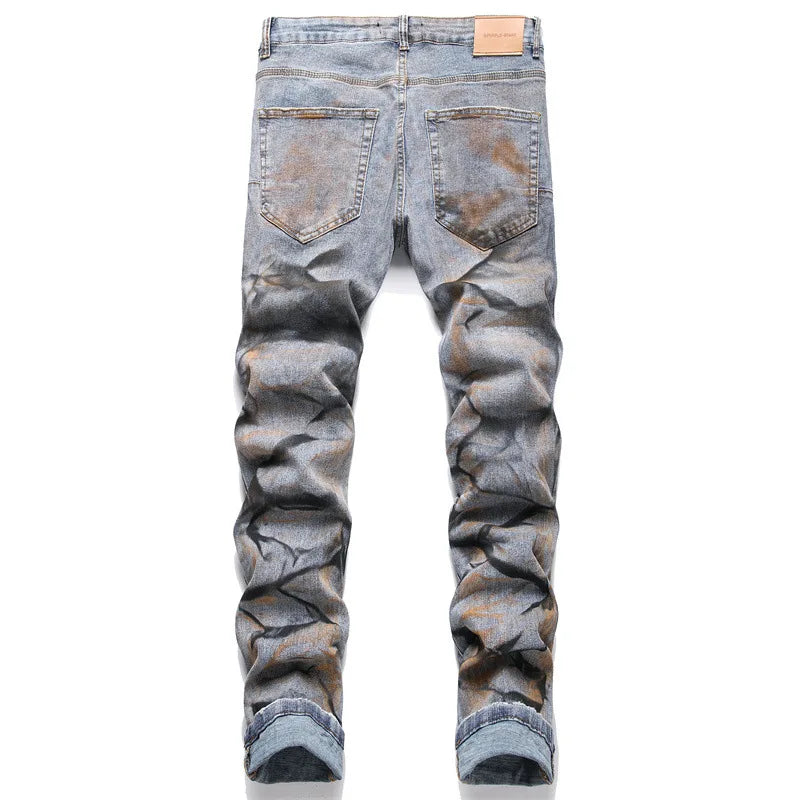 Mens Light Blue Straight Mid-Waist Stretch Slim Jeans