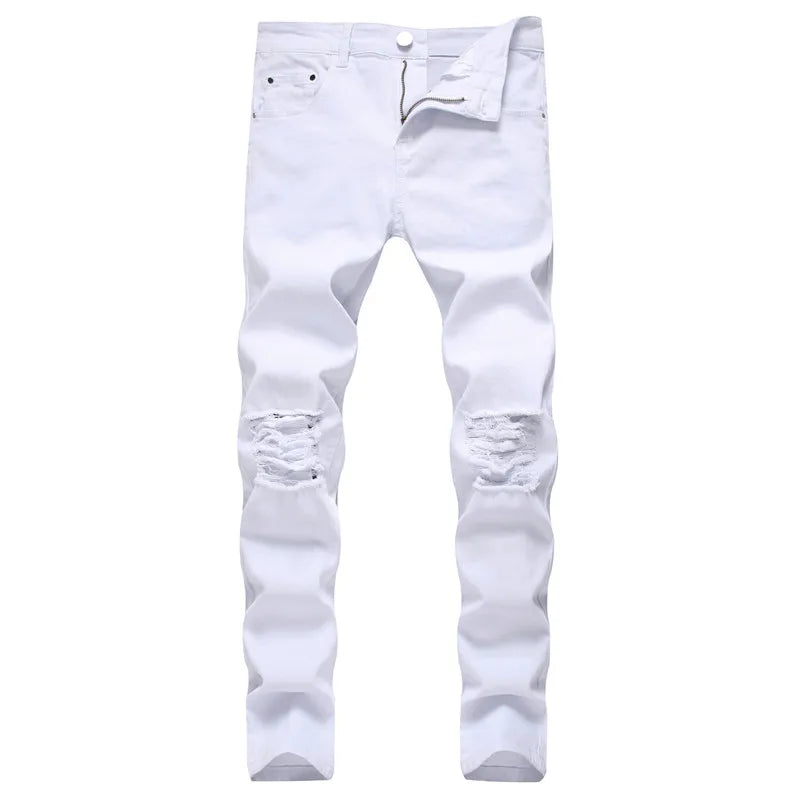Men Ripped Stretch Skinny Destroyed Solid Jeans