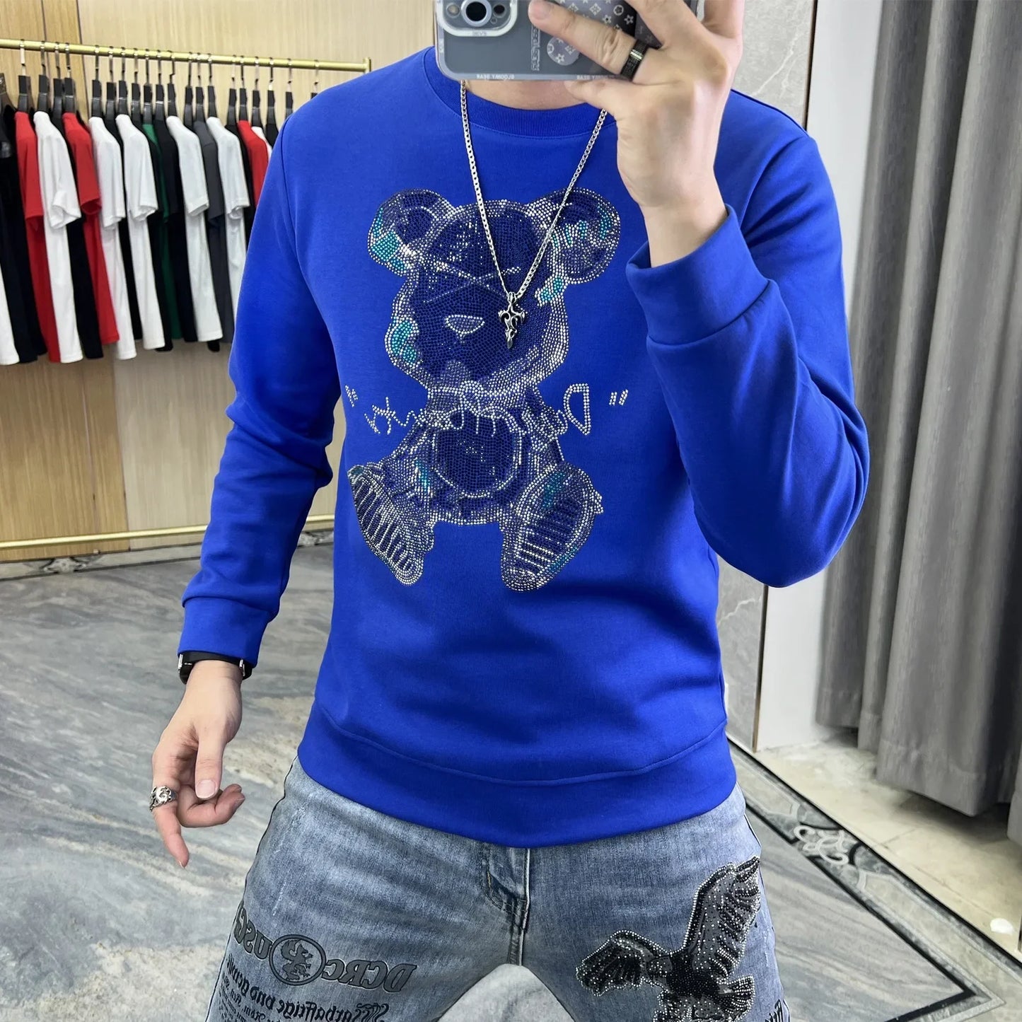 2023 Mens Bear Rhinestones Sweatshirt Streetwear