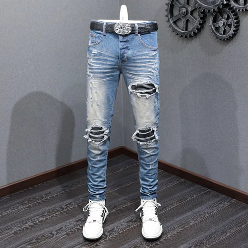 Street Fashion Men Retro Blue Stretch Skinny Ripped Denim Jeans