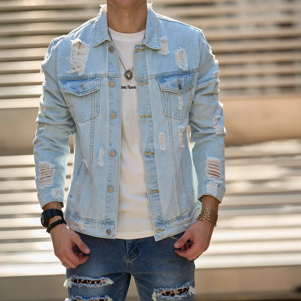 New Men Holes Slim Denim Jacket