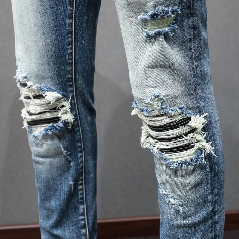 Street Fashion Men Retro Blue Stretch Skinny Ripped Denim Jeans