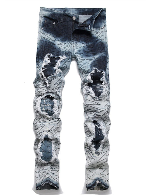 2024 New Embroidered Punk Style Men's Mid-Waist Ripped Jeans