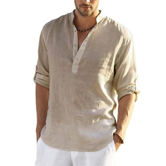 Men's Casual Cotton Linen Loose Long Sleeve Top