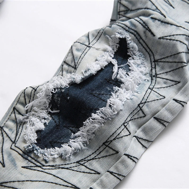 2024 New Embroidered Punk Style Men's Mid-Waist Ripped Jeans