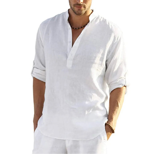 Men's Casual Cotton Linen Loose Long Sleeve Top
