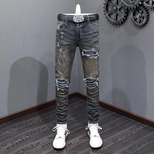 Street Fashion Men Retro Blue Stretch Skinny Ripped Denim Jeans