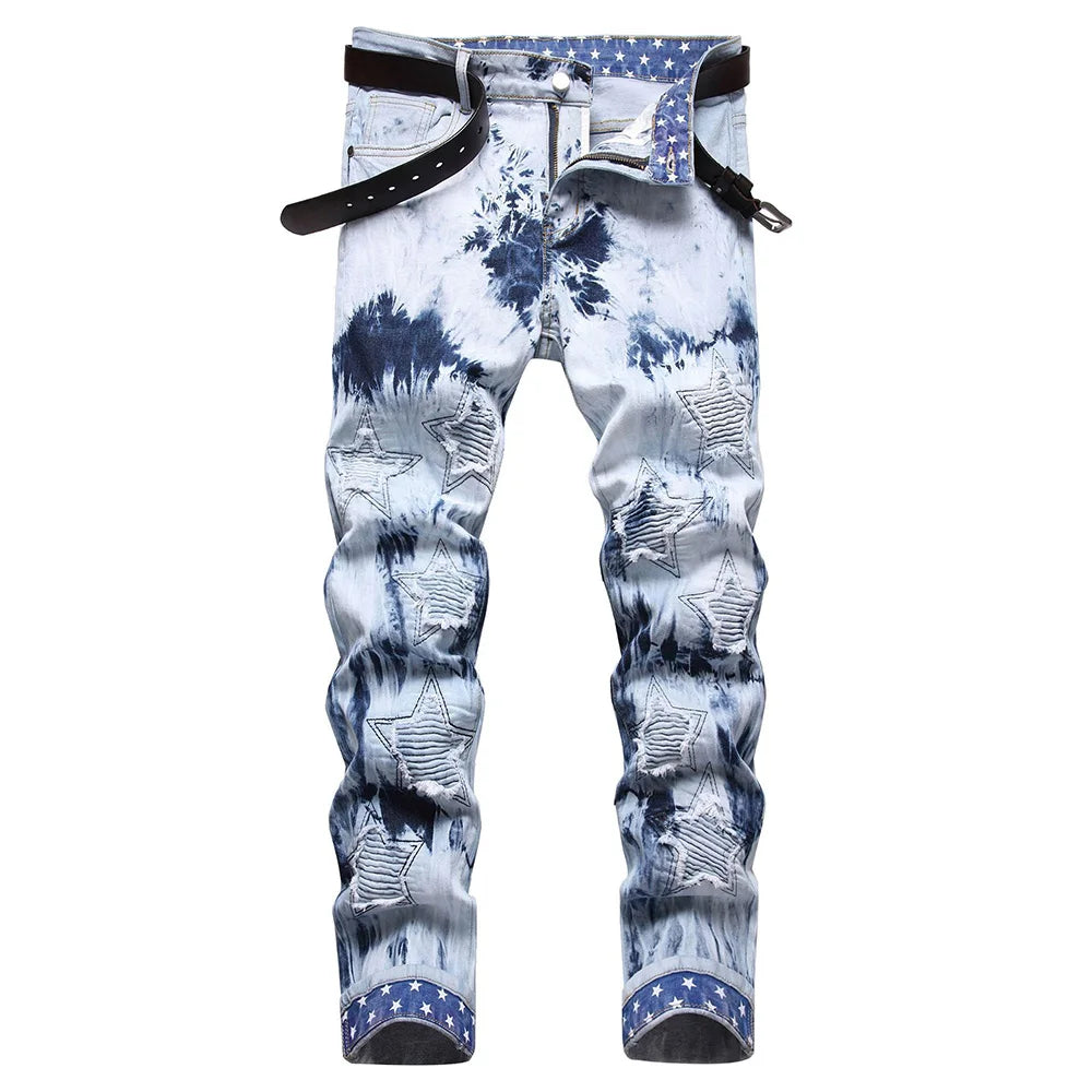 Men Pleated Stars Patch Tie and Dye Stretch Denim