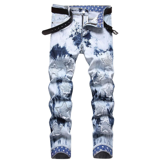 Men Pleated Stars Patch Tie and Dye Stretch Denim