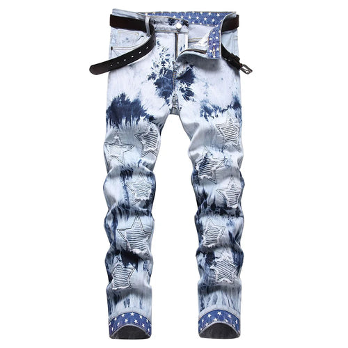 Men Pleated Stars Patch Tie and Dye Stretch Denim