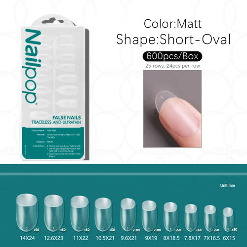 Nailpop 600pcs PRO Fake Nails Semi-Matte Almond Coffin Full/Half