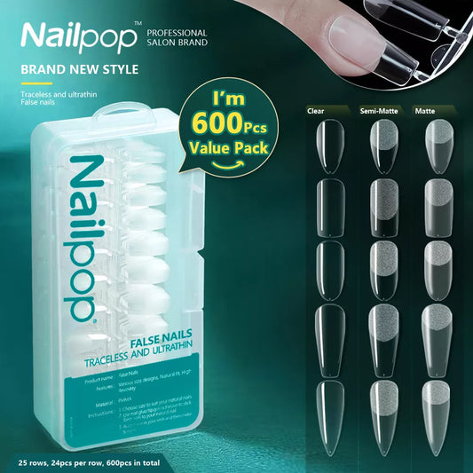 Nailpop 600pcs PRO Fake Nails Semi-Matte Almond Coffin Full/Half