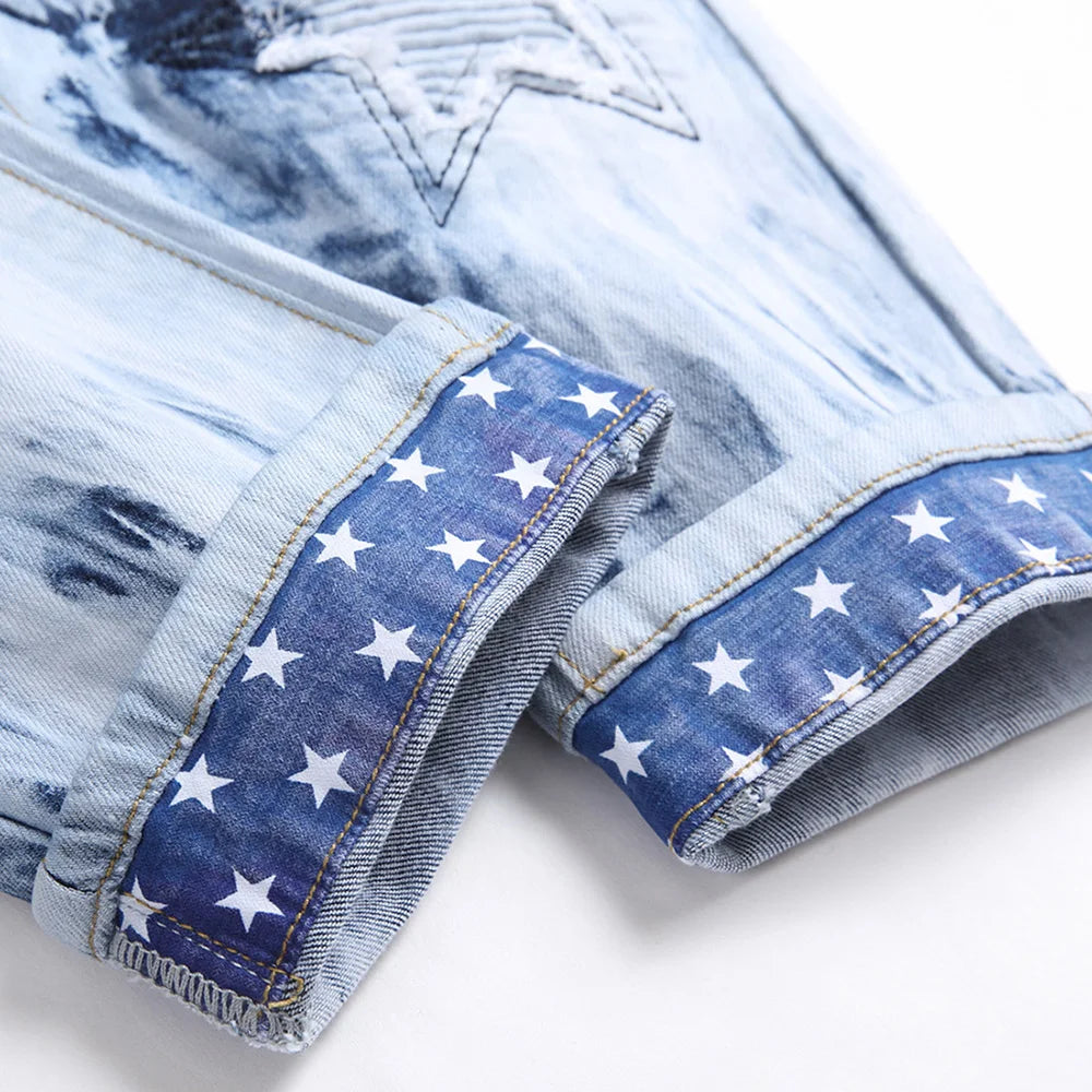 Men Pleated Stars Patch Tie and Dye Stretch Denim