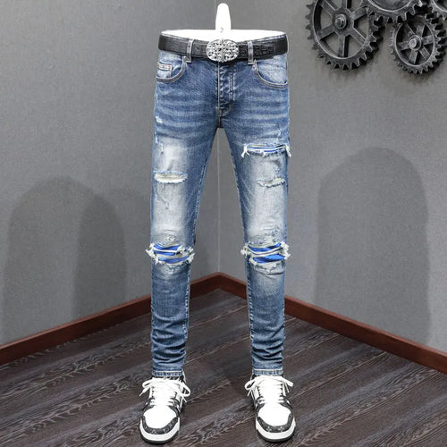 Street Fashion Men Retro Blue Stretch Skinny Ripped Denim Jeans