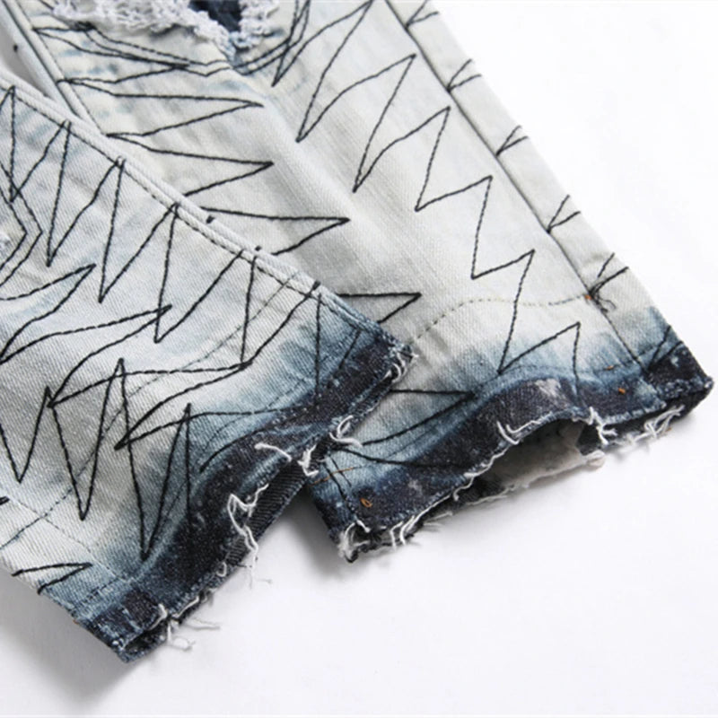 2024 New Embroidered Punk Style Men's Mid-Waist Ripped Jeans