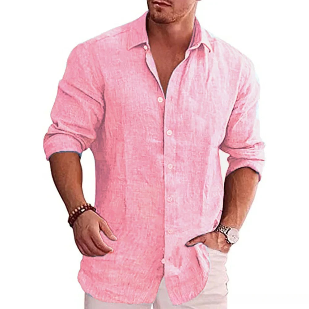 Cotton Linen Men's Long Sleeve Shirt Solid Color