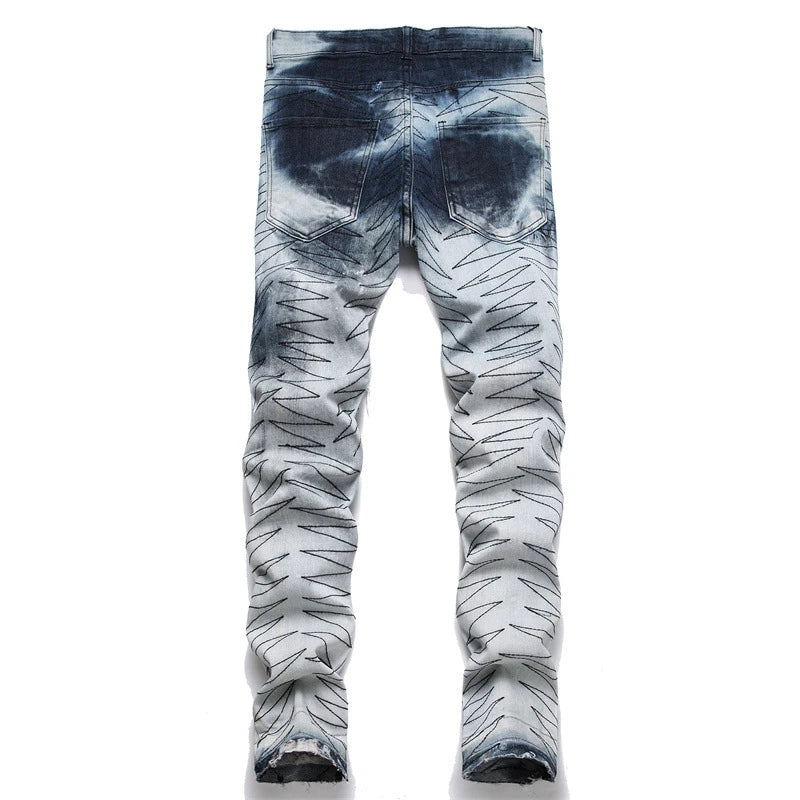 2024 New Embroidered Punk Style Men's Mid-Waist Ripped Jeans
