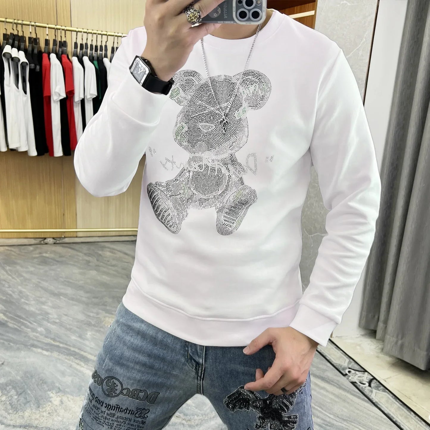 2023 Mens Bear Rhinestones Sweatshirt Streetwear