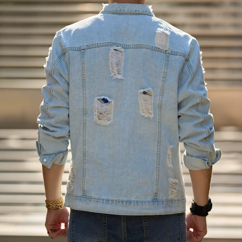 New Men Holes Slim Denim Jacket