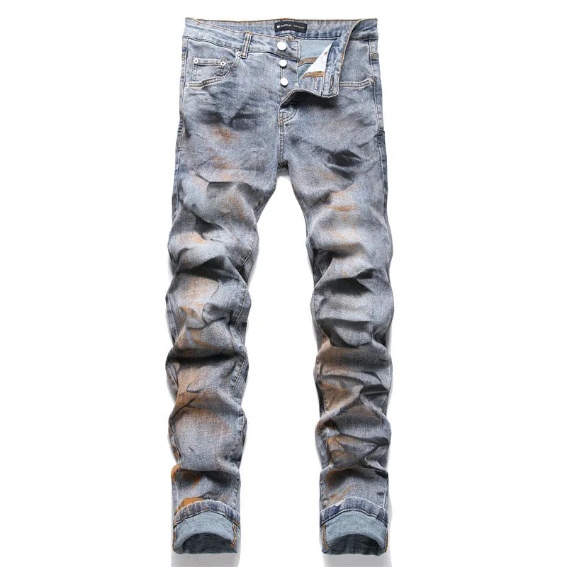 Mens Light Blue Straight Mid-Waist Stretch Slim Jeans