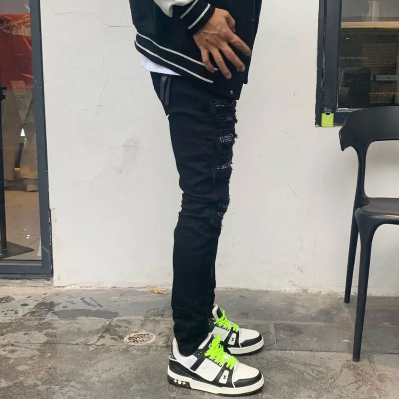 High Street Fashion Men Jeans Black Stretch Skinny Fit Ripped Jeans
