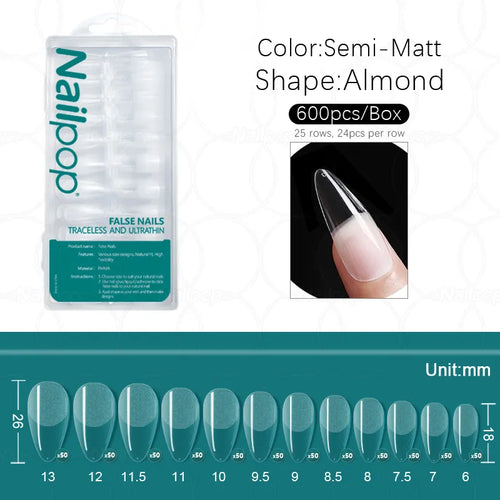 Nailpop 600pcs PRO Fake Nails Semi-Matte Almond Coffin Full/Half
