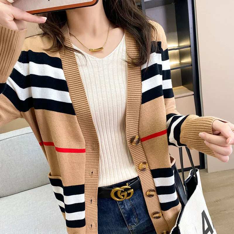 Plaid Cardigan Knitted Cashmere Sweater