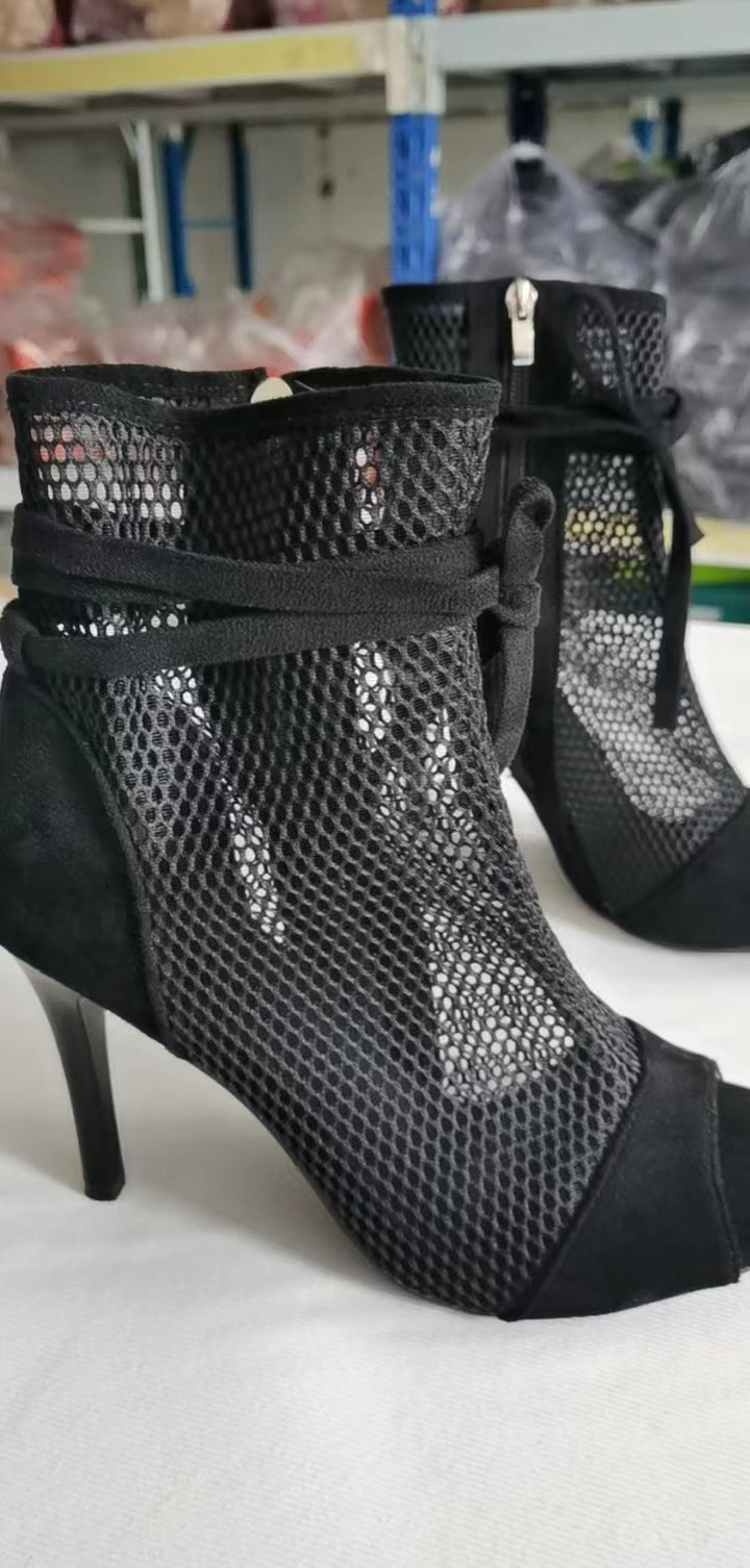 Fish Mouth Splicing Hollowed Out Simple Bow High Heels Side Zipper Boots