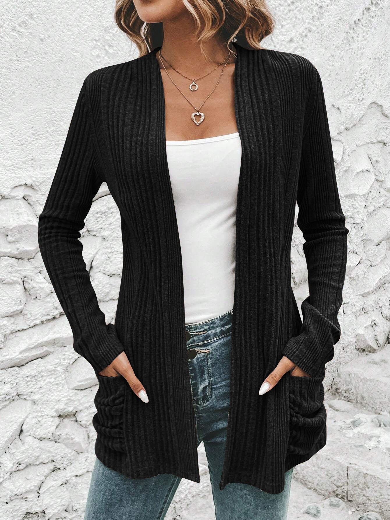 Long Sleeve Solid Color Mid-length Women Knitted Cardigan Sweater